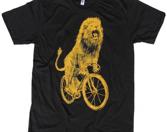 Lion on a Bicycle - Mens T Shirt, Unisex Tee, Cotton Tee, Handmade graphic tee, Bicycle shirt, Bike Tee, sizes xs-xxl