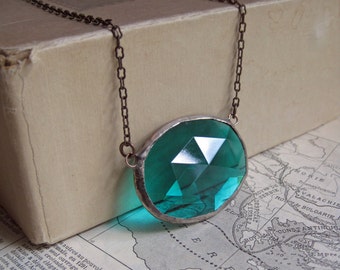 Blue Green Faceted Glass Necklace Teal Stained Glass Jewelry