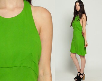 Halter Neck Dress 70s Mini WOOL Knit Babydoll Mod Space Age Open Back Empire Waist Hippie Boho 1970s Vintage Green Backless Medium Large