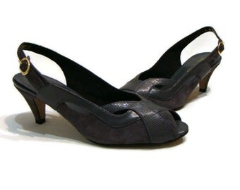 Vintage Grey Sling Back heels Vintage Gray Suede and Leather Heels Vintage Peep Toe Shoes Vintage Leather Heels Vintage Shoes For Women