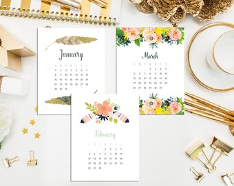Printable 2017 Desk Calendar. Digital Monthly Calendar. 2017 Wall Calendar. Watercolor Calendar. Hand Drawn Calendar. Hostess & Teacher Gift