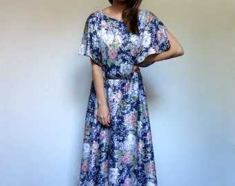 70s Blue Dress Vintage Floral Summer Dress 1970s Boho Sundress - Large to Extra Large L XL