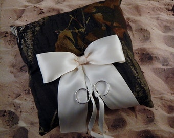 Camo Camouflage Green Brown Ivory Bow Wedding Ring Bearer Pillow