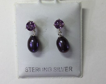 Amethyst and freshwater pearl drop earrings