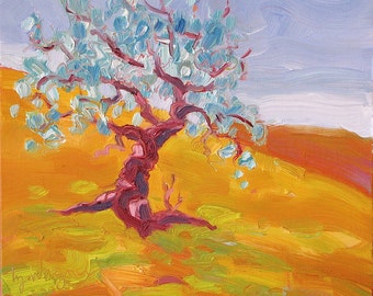 Timeless, 8" x 8" oil painting on Centurion linen canvas board. Yvonne Wagner. Olive tree. Free Shipping to USA. Sale.