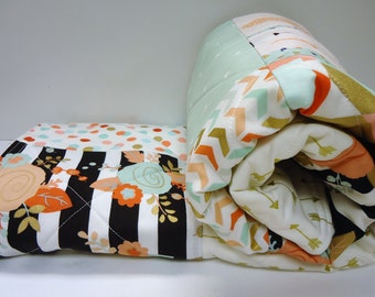 Girl Baby Quilt-Coral-Mint-Gold Metallic Arrows-Feathers-Polka Dots-Crosses-Hipster Baby Blanket Quilt
