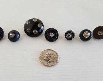 7 vintage Black plastic rhinestone buttons