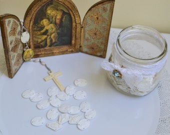 Ten Vintage Plastic Rosary Connectors, Jesus and Mary Jewelry Supply, Religious Craft Supply, Vintage Rosary