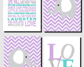 Purple Gray Teal Nursery Art, Baby Girl Nursery, Kids Wall Art, Love, Elephants, Our Daughter, Girls Nursery Decor, Set of 4, Art Prints