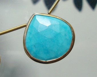 Blue Turquoise Faceted Heart Briolette Vermeil Sterling Silver Bezel Rim Connector Pendant, 19mm