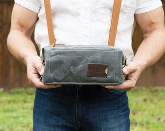 Monogrammed Groomsman Gift NO. 349 Personalized Dopp Kit Expandable Waxed Canvas and Horween Leather Mens Toiletry Bag Groom Gift from Bride