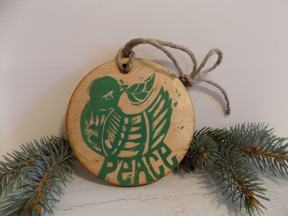 Peace Dove Christmas Ornament - linocut relief print on wood