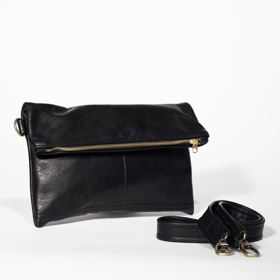 Black Leather Clutch Fold over Clutch crossbody bag