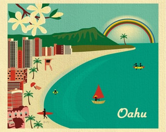 Honolulu Print, Honolulu Hawaii Skyline, Diamond Head Print, Waikiki Beach Print, Honolulu Wall Art, Oahu Art Wedding, Oahu Art E8-O-OAH