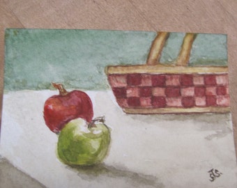 ACEO Original Watercolor Basket with Fruit in a Clear Plastic Display Frame