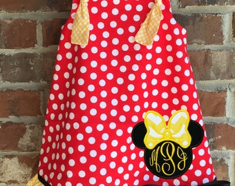 Disney Minnie Mouse Inspired Dress with Tie Knot Straps and Ruffle Applique and Monogram