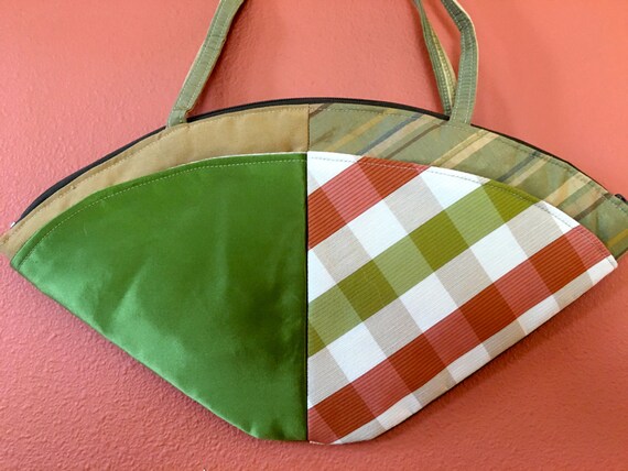 Lu Lu 1501 Moss Green, Orange and Tan Fan Shaped Purse, Up Cycled Fabrics