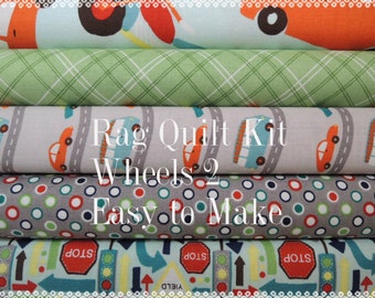 Wheels 2, Cars, Rag Quilt Kit 1, Designer Fabrics, Easy to Make, Personalized, Bin A, Optional Sewing Available