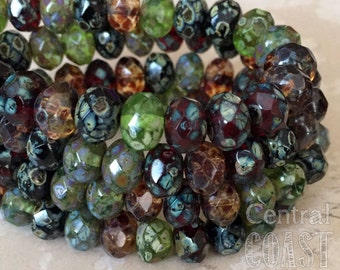8mm x 6mm Czech Glass Heavy Picasso Bead Spacer Rondelle Rondell (10) Bohemian Luxe Jewel Tone Opalite Mix - Central Coast Charms