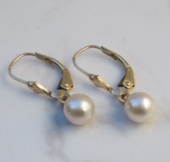 Estate 14k Solid Yellow Gold Cultured Pearl Drop Earrings with