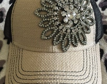 Trucker hat, womens trucker hat, burlap trucker cap, womens bling trucker hat, bling trucker hat, womens baseball cap, bling hat, cap