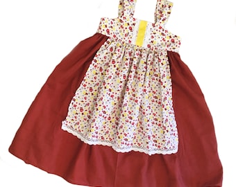 Girls Fall Apron Knot Dress Brown and Floral with White Cluny Lace