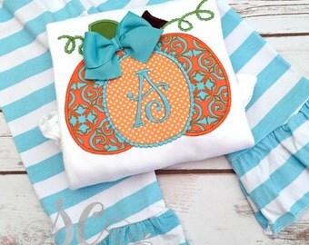 Pumpkin Ruffle Shirt and Pants - Girl Thanksgiving Outfit - Monogrammed Pumpkin Shirt - Pumpkin Shirt - Girls Pumpkin Bodysuit