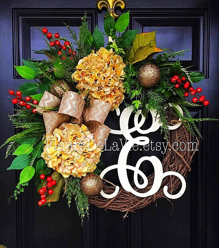 Christmas Wreath for Front Door, Monogram Wreaths, Christmas Wreath for