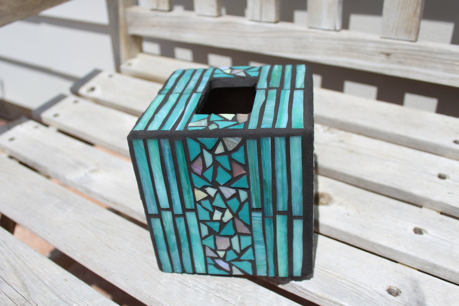 Teal green mosaic tissue box cover with mosaic chip band