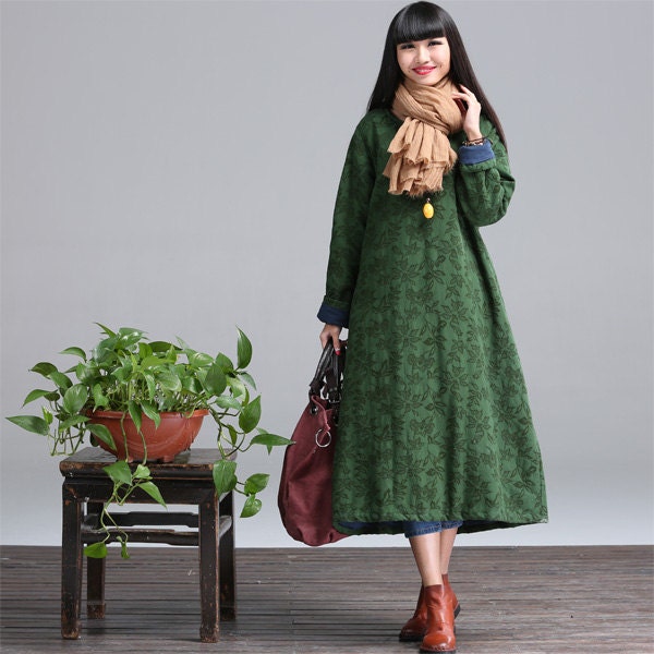 Loose Fitting Long cotton padded Maxi Dress Women quilting