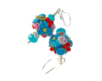 Blue Dangle Earrings, Flower Lampwork Earrings, Glass Bead Earrings, Aqua Glass Bead Jewelry, Lampwork Jewelry, Beadwork Earrings