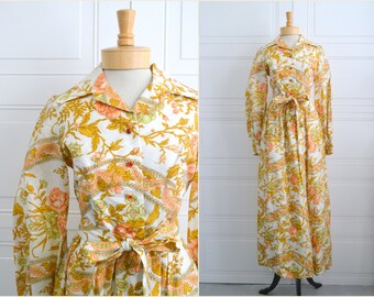 1960s California Calliope Autumnal Floral Maxi Dress