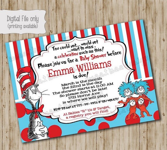 Dr Seuss Thing 1 & Thing 2 Baby Shower Invitation Twin Baby
