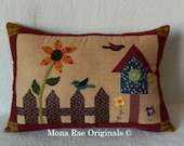 Birdhouse Pillow ~ 15" x 20"Birdhouse, Flowers, Birds With A Picket Fence ~ Hand Appliqued and Quilted OOAK