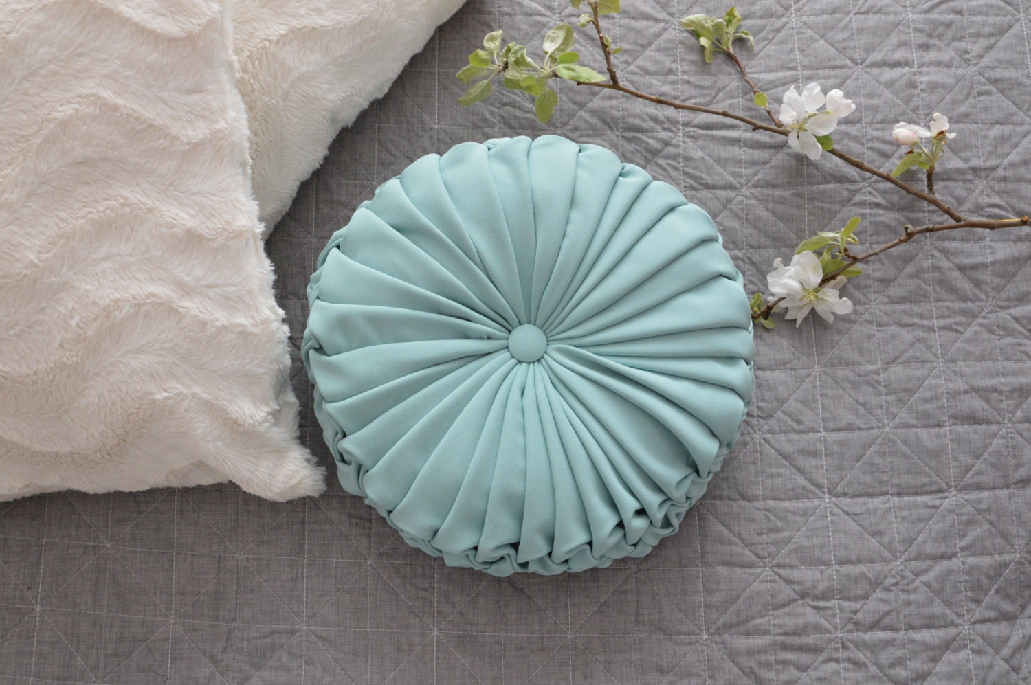 Handmade Round Pillow Pintuck Decorative Teal by sonjasusanna