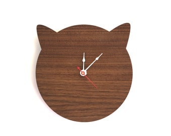 Cat Clock - Cat Lover Gift for Birthday - Walnut or Cherry Modern Large Wall Clock