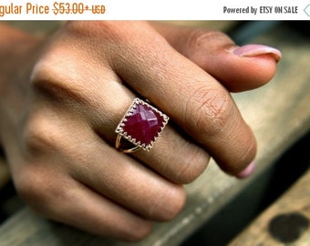 SUMMER SALE - pink rose gold ring,ruby ring,square ring,gemstone ring,feminine ring,double band ring,vintage ring