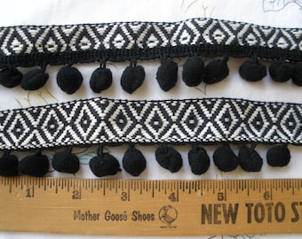 Tribal Woven Ribbon Pom Pom Trim black & white ribbon black poms 1.75" wide Boho embellishment BTY costume home decor pillow bedspread