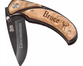 8 of Custom Engraved Black Blade 4.5" Wood Inlay Knife - personalized pocket knife with wood handle - groomsmen gift pocket knife