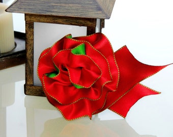 Holiday Ribbon Corsage Pin, Red & Green Hair Accessory, Ribbon Hairbow, Handmade Accessory Bow, Christmas Ribbon Corsage or hair barrette