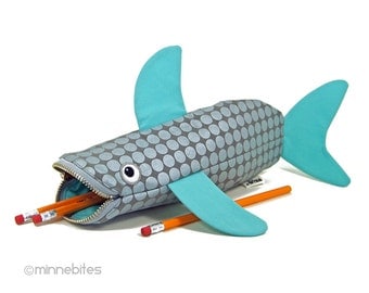 Best Seller Shark Pencil Case - Turquoise Zipper Bag - Silver Desk Accessory - Planner Pouch - Nautical Purse - Personalized Bag for School