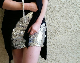Silver Sequin Skirt - Stretchy, beautiful, fun mini skirt (Small, Medium, Large, XLarge) Runs snug. Ships asap