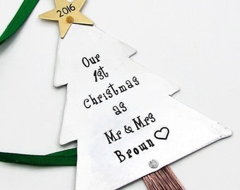 Our First Christmas Ornament, Couples Ornament, Hand Stamped Christmas Ornament First Christmas as Mr and Mrs, Wedding Ornament