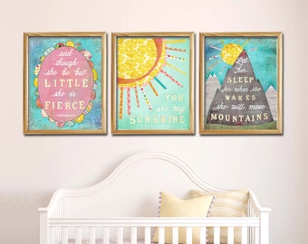Girl Nursery Wall Art Set of 3, Let Her Sleep for when she Wakes she will Move Mountains, You are my Sunshine, She is Fierce, Lily Cole