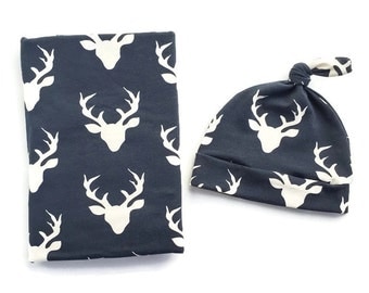 Swaddle Blanket And Newborn Hat Navy Deer Head- Deer Swaddle Blanket- Buck Baby Blanket- Boy Newborn Blanket-Hospital Outfit- Woodland