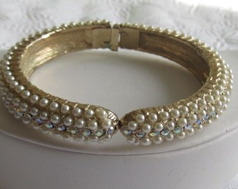 Vintage Faux Pearl and AB Rhinestone Clamper Bracelet ~ Bride Jewelry