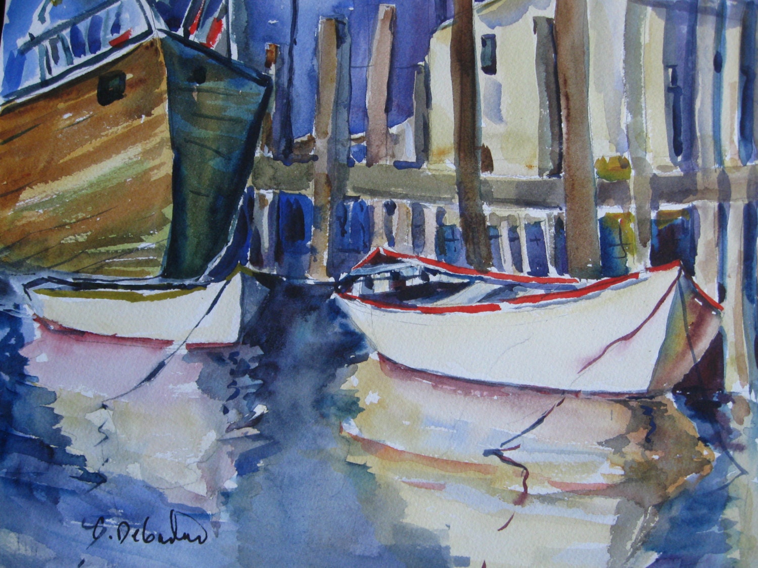 Boats Gloucester Harbor Watercolor Painting Original