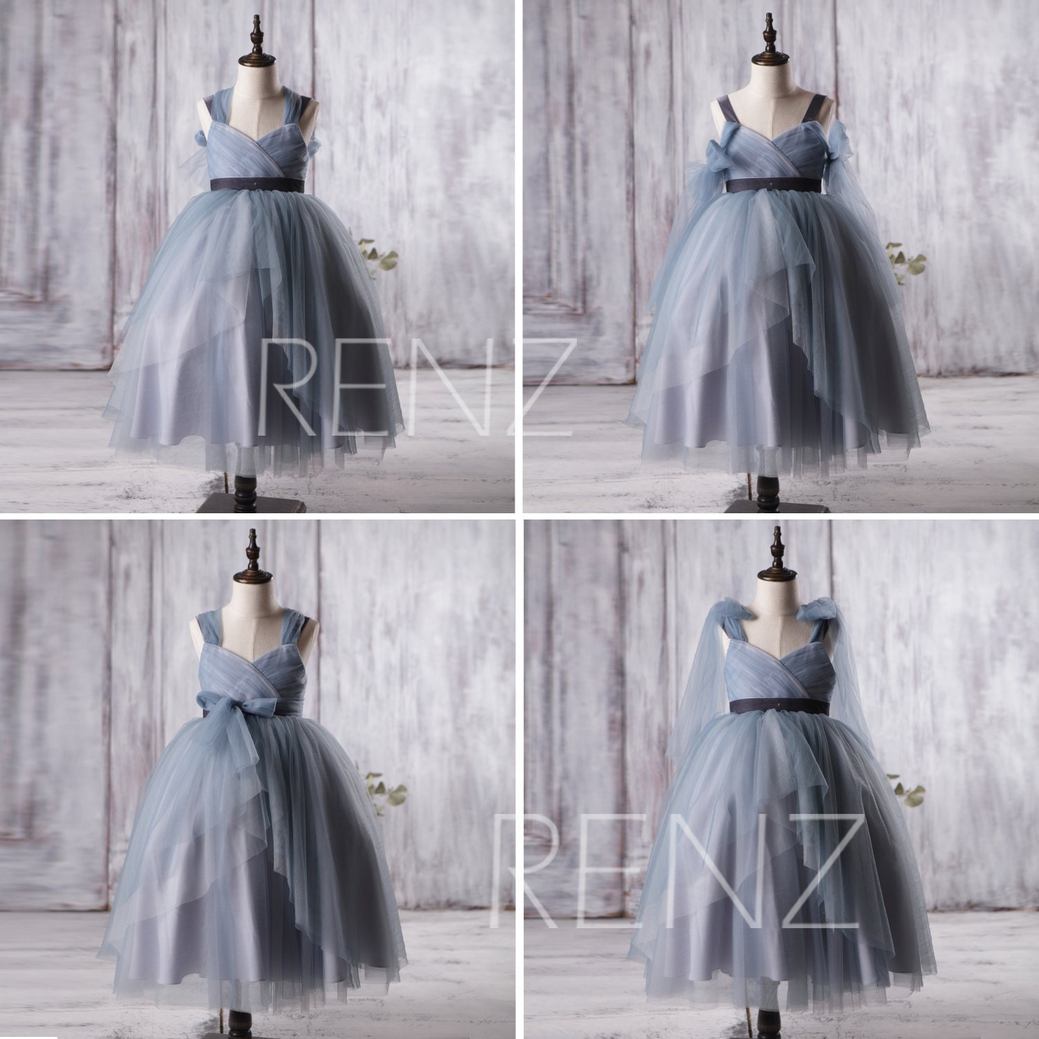 2017 Dusty Blue Junior Bridesmaid Dress Navy Convertible