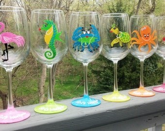 Seashore Girls weekend Party hand painted wine glasses.