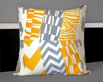 Pillow Covers - Yellow White Grey Herringbone Multi-print 20" x 20", Ready to Ship